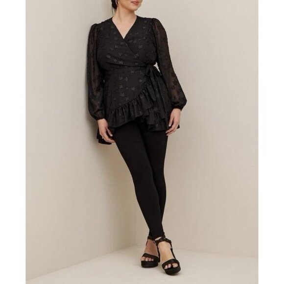 Torrid 2 Top Lurex Star Surplice Ruffle Hem Black Plus Size 2X V Neck Long Slv - Picture 13 of 14